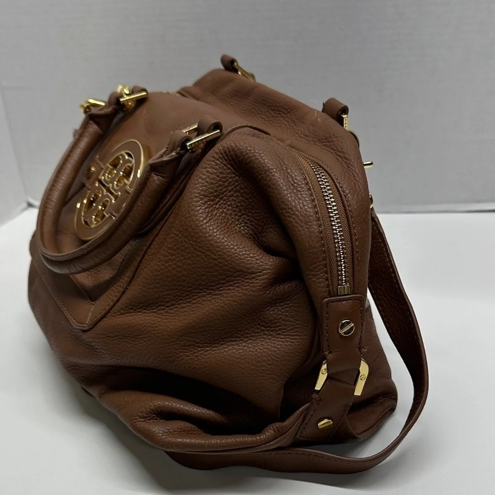 Tory Burch Amanda Satchel Purse Leather Handbag Crossbody Bag Tan Brown Gold
